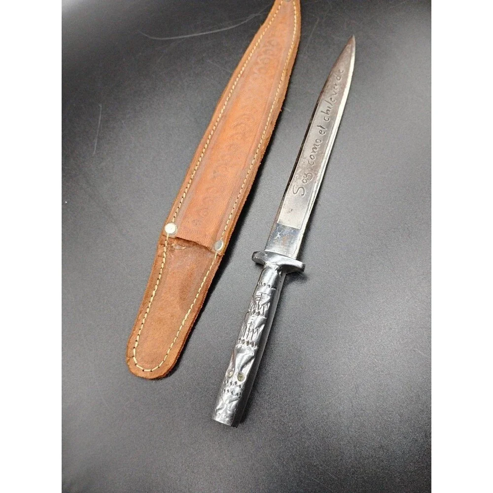 Vintage 9” Mexican Souvenir Dagger Aluminum Tribal Handle Engraved Blade Sheath